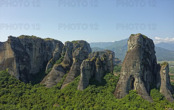 The sandstone cliffs of Meteora above Kastraki and the Pinios Valley. Kalambaka