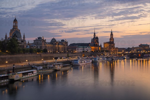 Silhouette of Dresden's Old Town in the evening on the Elbe