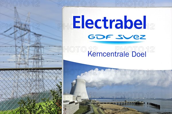 Signboard of the Doel Nuclear Power Station along the river Scheldt at Kieldrecht