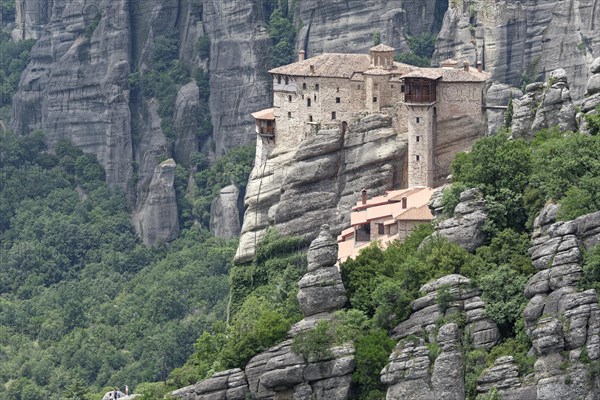 The Meteora Monastery Roussanou. The Greek Orthodox Meteora monasteries are built on sandstone cliffs. They are a UNESCO World Heritage Site. Kalambaka