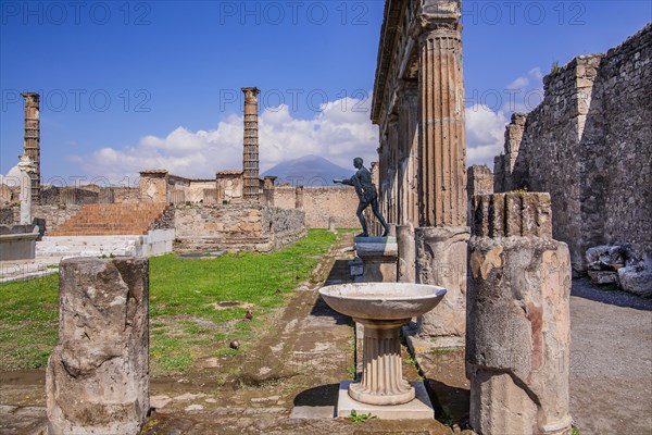 Apollo Sanctuary with Apollo Statue and Vesuvius in Clouds