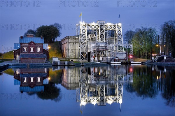 Hydraulic boat lift n4 at sunset on the old Canal du Centre at Thieu near La Louviere in the Sillon industriel of Wallonia