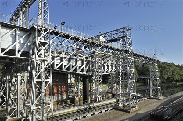 Hydraulic boat lift on the old Canal du Centre at Houdeng-Goegnies near La Louviere in the Sillon industriel of Wallonia