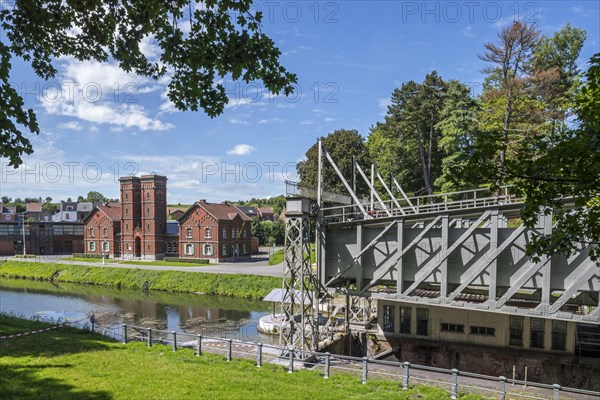 Machine room building and hydraulic boat lift no. 3 on the old Canal du Centre at Strepy-Bracquegnies near La Louviere