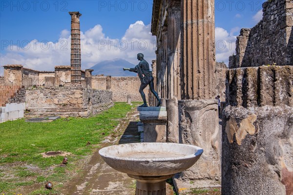 Apollo Sanctuary with Apollo Statue and Vesuvius in Clouds