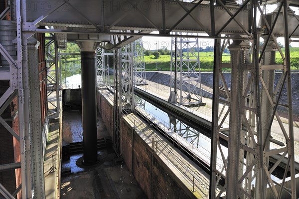 Hydraulic boat lift on the old Canal du Centre at Houdeng-Goegnies near La Louviere in the Sillon industriel of Wallonia