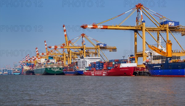 Container ships at the container terminal with extremely long river quay