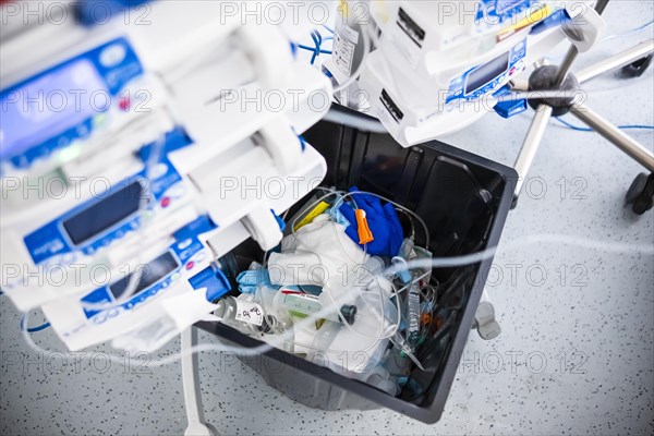 Bin with hospital waste in an intensive care unit