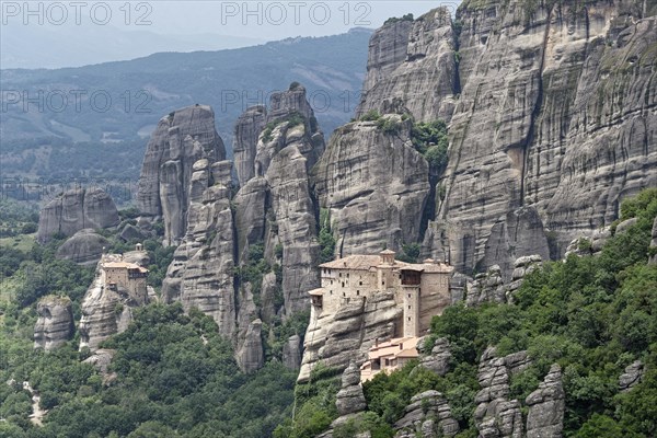The monastery of Roussanou. The Greek Orthodox Meteora monasteries are built on sandstone cliffs above the Pinios valley. They are a UNESCO World Heritage Site. Kalambaka