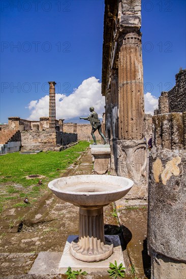 Apollo Sanctuary with Apollo Statue and Vesuvius in Clouds