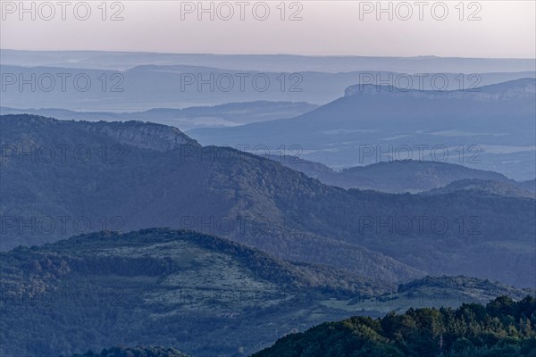 Daybreak over the mountain landscape of the Balkan Mountains and the forested slopes of the Balgarka nature park Park in Central Bulgaria. Shipka