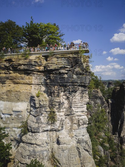 Aerial view of Rathen on the Elbe with the rocks of the Basteige area and the new viewing platform on the Bastei.