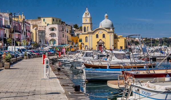 Church Madonna delle Grazie at the fishing port Marina Grande with boats