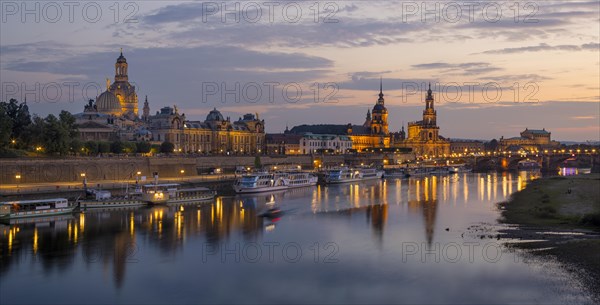 Silhouette of Dresden's Old Town in the evening on the Elbe