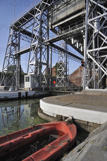 Hydraulic boat lift on the old Canal du Centre at Houdeng-Goegnies near La Louviere in the Sillon industriel of Wallonia