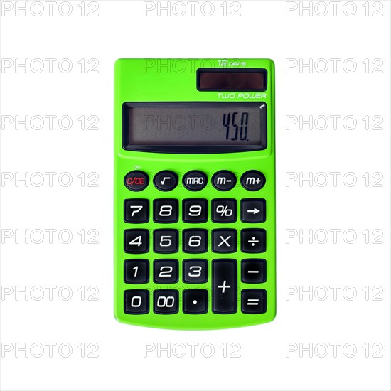Green pocket calculator with solar and battery powering