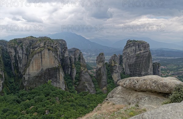 Sandstone cliffs in the Meteora area above Kastraki and the Pinios valley. Kalambaka