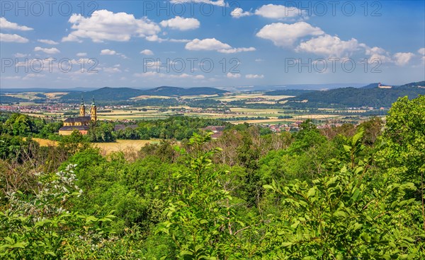 Landscape of Franconian Switzerland with the pilgrimage church Basilica Vierzehnheiligen