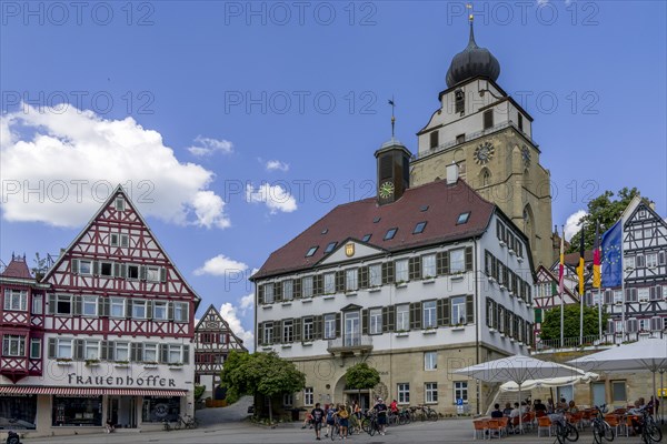 Half-timbered houses on the Historic Market Square and in the background Protestant Church collegiate church