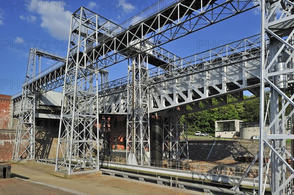 Hydraulic boat lift on the old Canal du Centre at Houdeng-Goegnies near La Louviere in the Sillon industriel of Wallonia