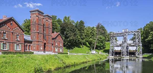 Machine room building and hydraulic boat lift no. 3 on the old Canal du Centre at Strepy-Bracquegnies near La Louviere