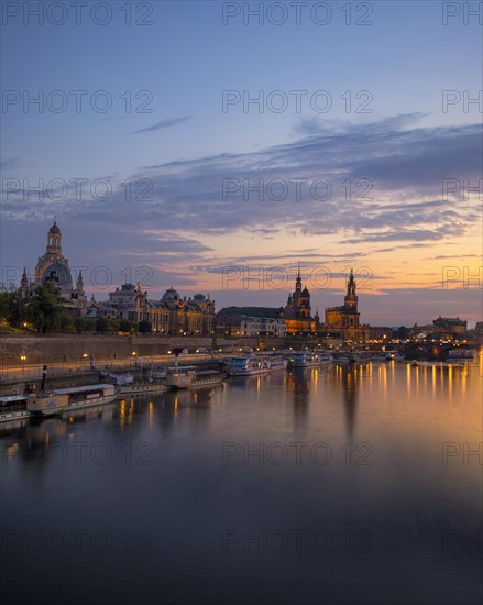 Silhouette of Dresden's Old Town in the evening on the Elbe