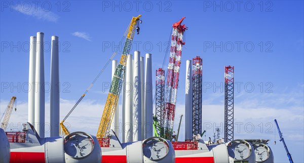 Wind turbine nacelles with rotor hubs and tower sections for offshore SeaMade wind farm at REBO heavy load terminal in Ostend port