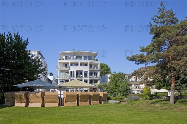 Hotels and roofed wicker beach chairs at Timmendorfer Strand