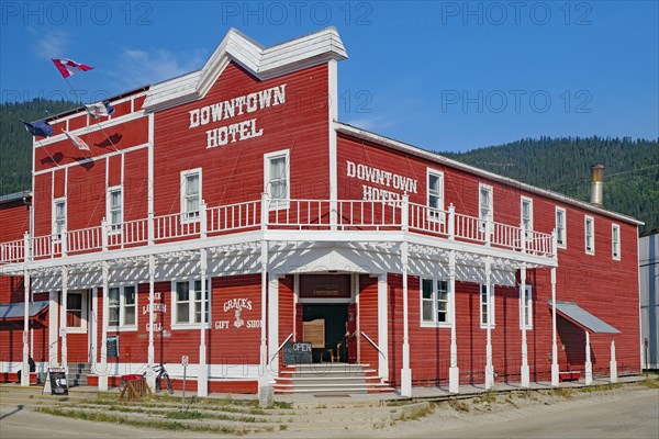 Wooden facade of an old hotel in the gold mining town of Dawson City