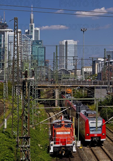 Elevated city view with many trains