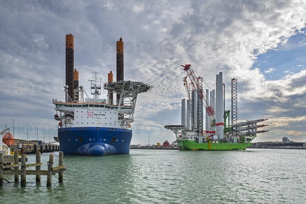 Installation vessels Apollo and Vole Au Vent moored at REBO heavy load terminal in Ostend port