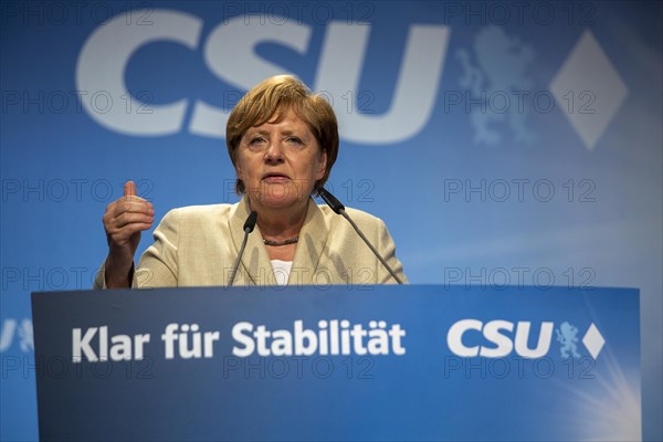 Angela Merkel speaking at a CSU election rally in Bavaria the main slogan of which was stability for Germany. Erlangen