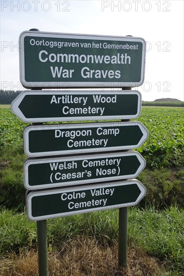 Signposts for military cemeteries of the Commonwealth War Graves Commission burial ground for First World War One British soldiers in West Flanders