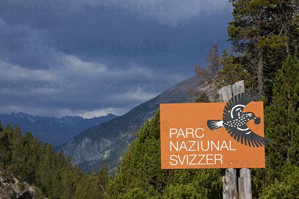 Sign showing logo of the Swiss National Park at Graubuenden