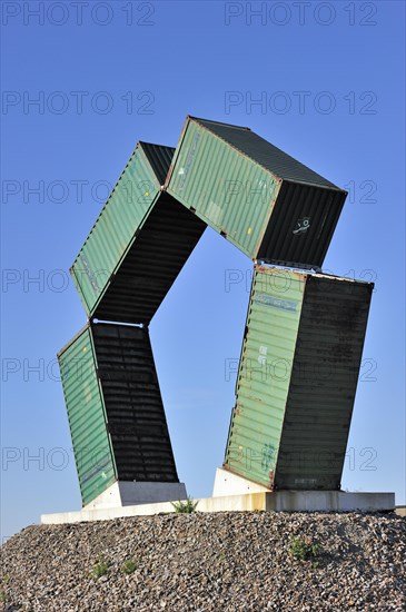 The artwork Speybank made of containers by artist Luc De Leu along the Ghent-Terneuzen Canal at Ghent seaport