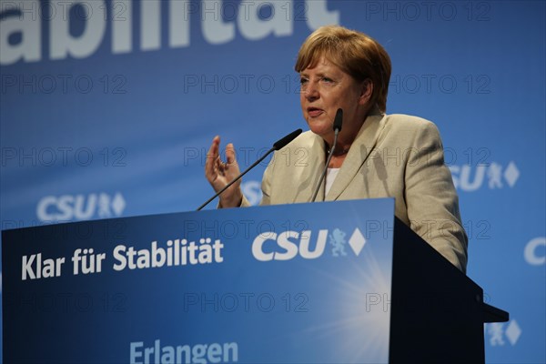 Angela Merkel speaking at a CSU election rally in Bavaria the main slogan of which was stability for Germany. Erlangen