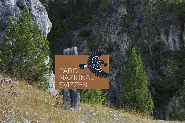 Sign showing logo of the Swiss National Park at Graubuenden