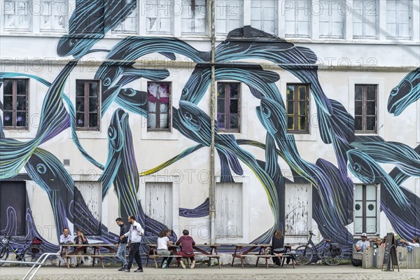 Mural by street artist Pantonio with blue fish in Vannes