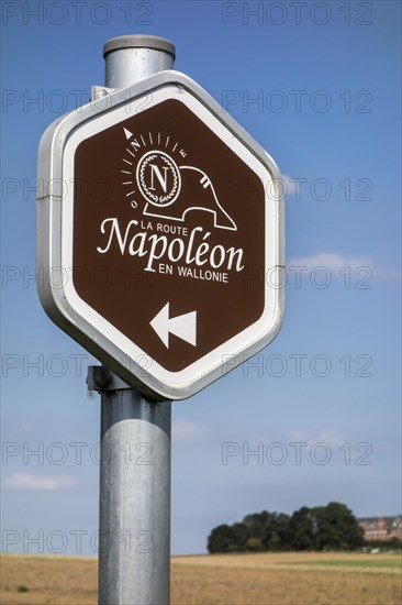 Signpost of the Route Napoleon commemorating the 1815 Battle of waterloo in Belgium