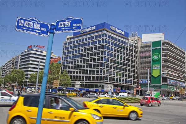 Yellow taxis on the Ataturk boulevard in the city Ankara