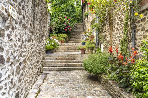 Alley with cobblestones in the historic old town of Dinan