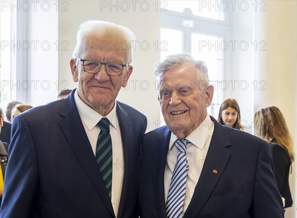Ceremony at Neues Schloss to mark Winfried Kretschmann's 75th birthday. The politician from Buendnis 90-Die Gruenen has been Minister President of Baden-Wuerttemberg for twelve years. Congratulations from his predecessor in office