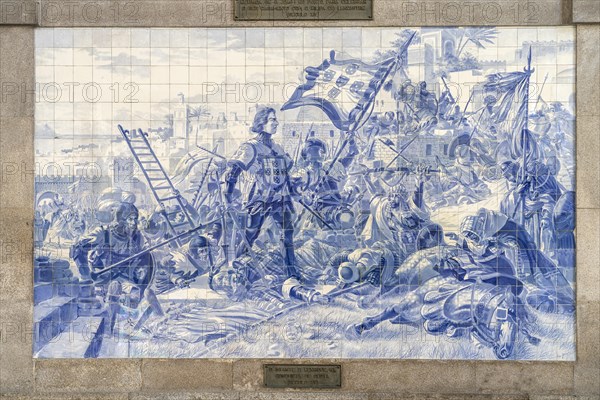 Azulejo Infante D. Henrique at the Conquest of Ceuta in 1415 in the vestibule of Sao Bento Station in Porto