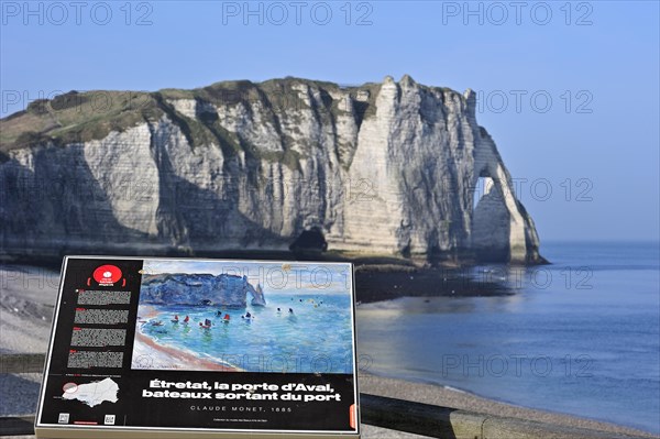 Sign showing painting by Claude Monet of the Porte D'Aval