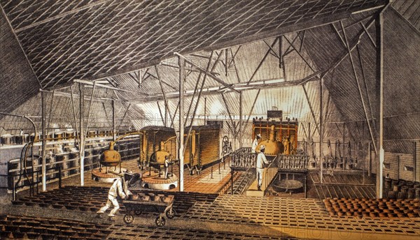 1856 lithograph showing African slaves and Chinese wage-laborers working in the La Ponina sugar factory near Cardenas