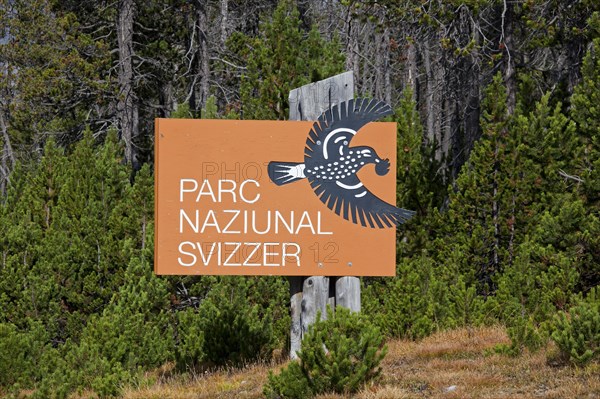 Sign showing logo of the Swiss National Park at Graubuenden