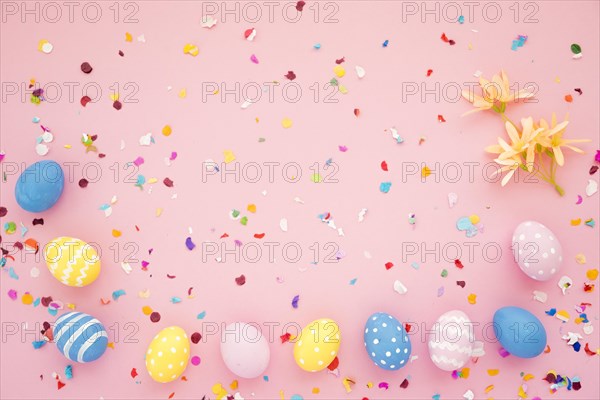 Row easter eggs bright confetti