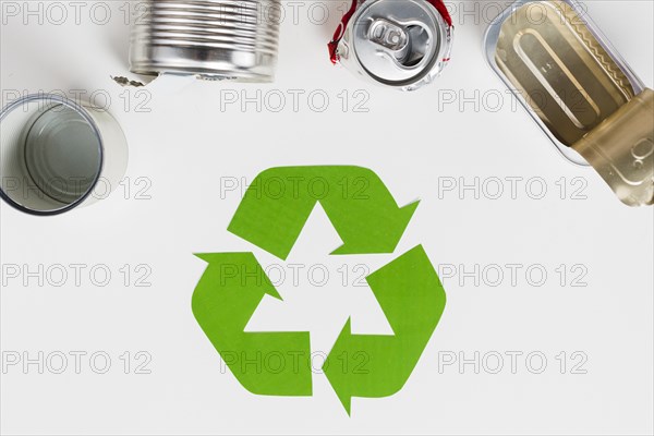 Recycling symbol beside used metallic packaging