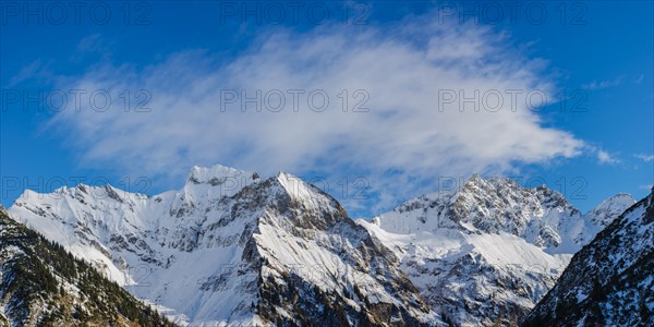 Mountain panorama in winter from Untere Lugenalpe