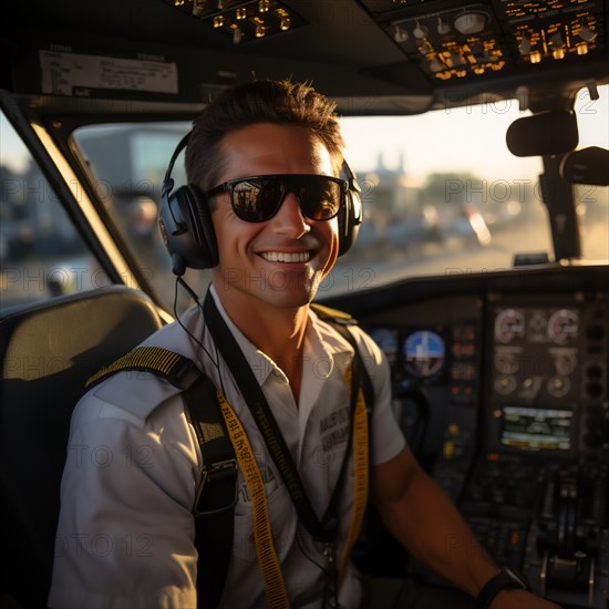 Proud pilots sit in the cockpit of their plane